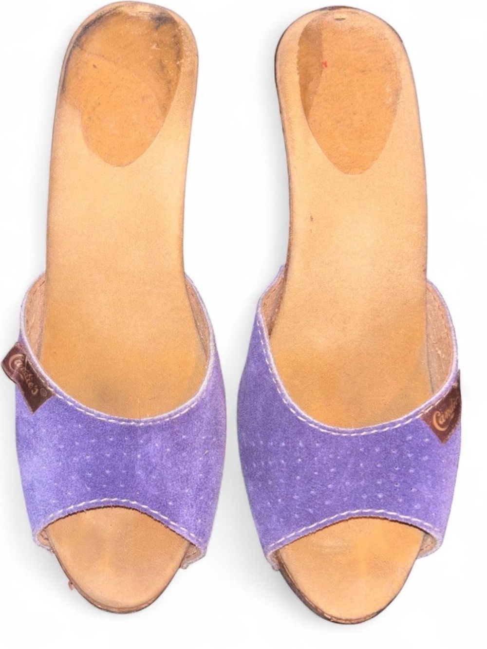 Vintage Candie’s Purple Suede Wood Heel Mules Sz 8 EU 39 Made Italy Retro 70s